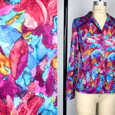 Vintage Late 1970s Paint Brush Polyester Blouse, 70s Funky Print Shirt, Vintage Disco Shirt, 1970s 70s, Size Med/L by Mo