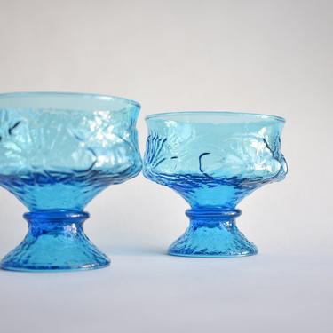 Rain Flower Pudding or Ice Cream Dessert Footed Bowls x2 | Pair of Bright Blue Flowers Vintage Glass by Anchor Hocking 