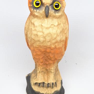 Antique 1930's Halloween 10 1/4 Inch Owl, Glass Eyes and Pulp Paper Mache Candy Container, Vintage Retro Party Decor 