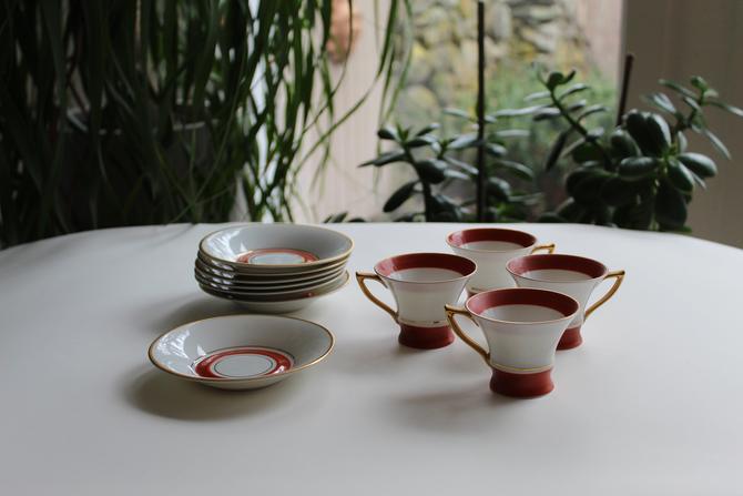 Art Deco Sweden Handmalat Hackefors Demitasse Porcelain cups and saucers, Orange/ gold rim, Mid century modern scandi Coffee / tea set 
