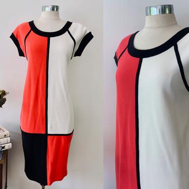 Bill Blass Vintage Color Block Mondrian Dress / Short Sleeve Cotton Knit Dress / 1980s Color Blocking Dress / Red Black White Graphic Dress 