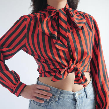 1980's Pussybow Blouse Black and Orange fits S - L 