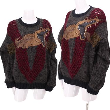 80s GATOR appliqué mens sweater M / vintage 1980s crazy 80s gray knit leather alligator crocodile top medium 
