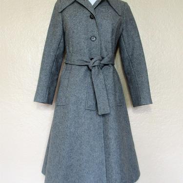 Vintage 1960s Jules Miller Gray Wool Fit n Flare Coat, XS Women, midi length, belted 