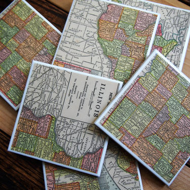 1926 Ilinois Map Handmade Vintage Map Coasters - Ceramic Tile Set of 6 - Repurposed 1920s vintage Atlas - One of a Kind Coasters 
