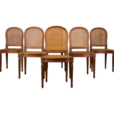 Vintage Set of 6 French Louis XVI Mahogany Cane Dining Chairs - Signed Auguste Metgé 