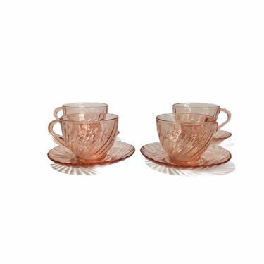 Vintage Pink Glass Tea Cups and Saucers by Arcoroc, Set of 4 