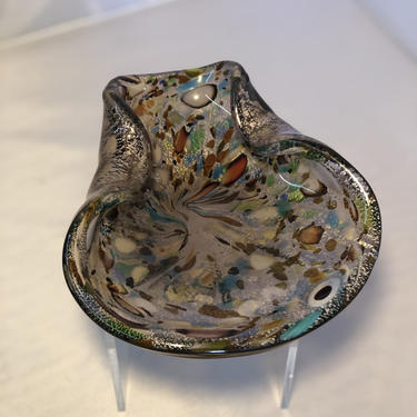 Beautiful Vintage Colorful Murano Style Art Glass Dish w/ Metallic Highlights- Free Shipping 