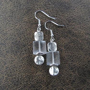 Sea glass earrings, boho chic earrings, tribal ethnic earrings, bold earrings, silver earrings, unique artisan earrings, clear frosted glass 