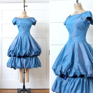 vintage 1950s blue silk dress • full cut balloon skirt formal dress in sharkskin silk taffeta 