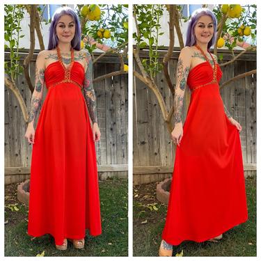 Vintage 1970’s Red Halter Maxi Dress with Gold Detail 
