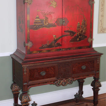Asian Inspired Chinoiserie Hutch Cabinet Hand Painted Red 
