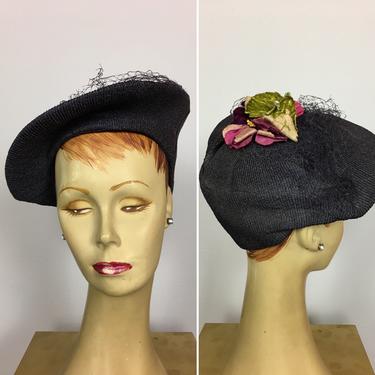 1930s tilt hat, blue straw hat, vintage 30s hat, antique millinery, Betty co-Ed, 22 1/2, 1940s hat, rose hat, summer, film noir, Hollywood 