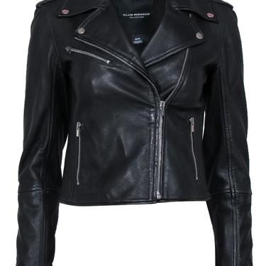 Club Monaco - Black Smooth Leather Zip-Up Moto Jacket Sz XS