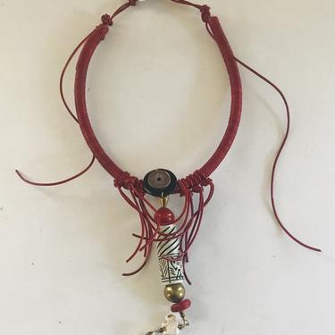 Delta Red Leather Necklace with Red and White beads|  Adrienne Lockett