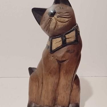 Vintage Hand Carved Wood Painted Tuxedo Cat Sculpture 10&quot; 