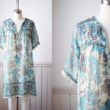 Vintage 1970s Indian Cotton Gauze and Silver Tunic Dress | S/M | 70s/80s Blue and Green Sheer Blockprint Dress with Metallic Threads 