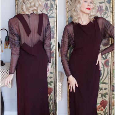 1930s Dress // Plum Wine Crepe Dress with Metallic Stripes // vintage 30s dress 