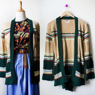 Vintage 70s Tan and Green Belted Cardigan Size Small 