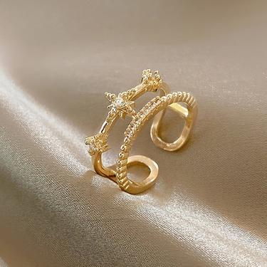 gold Celestial Adjustable Ring, gold star open ring, Star  Moon Ring, stacking Ring, Korean style Ring Style, Stackable Ring, star ring R012 