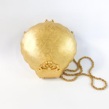 1980s Gold Clam Shell Bag | 80s Gold Metal Clam Shell Clutch | Chi Chi Italy 
