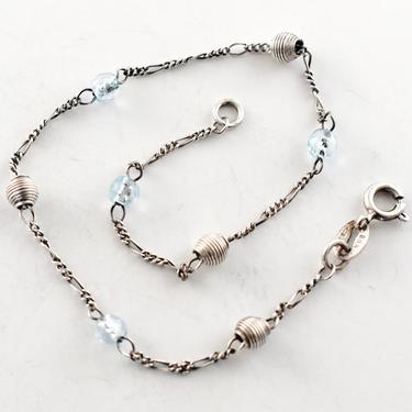 90's Italy MWS sterling blue crystal edgy bling ankle bracelet, dainty 925 silver wire &amp; glass beads on figaro chain anklet 