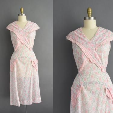 1930s vintage dress | Adorable Pastel Pink Floral Print Dust Bowl Cotton Summer Dress | Small Medium | 30s dress 