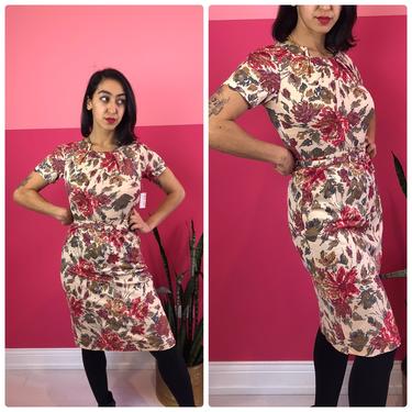 1960s Small Floral Belted Wiggle Dress by LostGirlsVtg