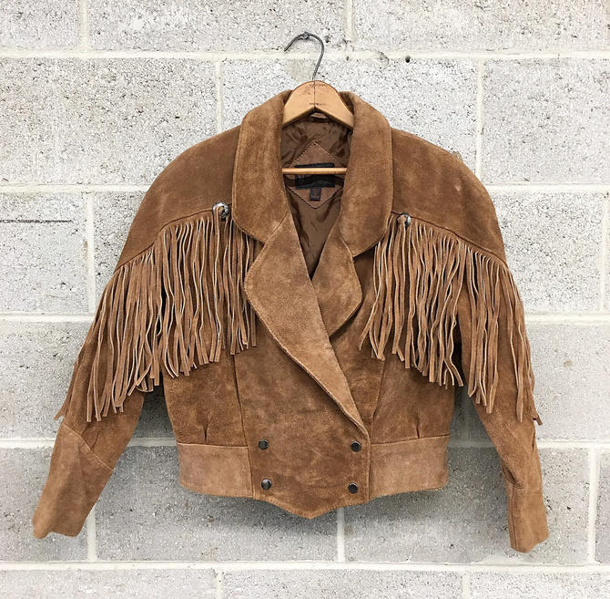 Western Women's Suede Leather Jacket with bones and Cognac trim Fringed 