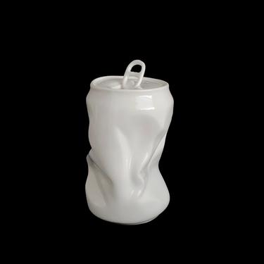 Vintage White Glossy Porcelain Dented Soda Can Sculpture Bud Flower Vase Chic Trash Litter 