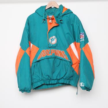 vintage 1990s MIAMI DOLPHINS puffy STARTER jacket coat 90s nfl tri-color parka -- size large 
