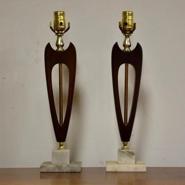 Mid Century Walnut &amp; Marble Table Lamps- A Pair 