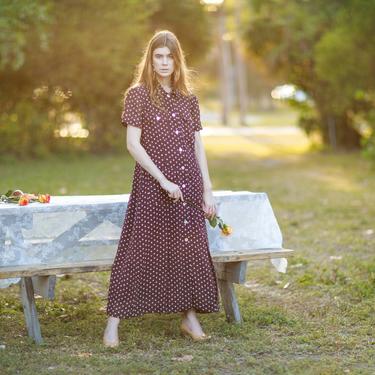 90s Brown White Small Daisy Print Dress Vintage Long Maxi Floral Shift Dress 