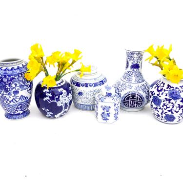 VINTAGE CHINOISERIE COLLECTION x6 Chinese Blue &amp; White Porcelain Vases/Ginger Jars Assorted Lot Chinoiserie Decor 