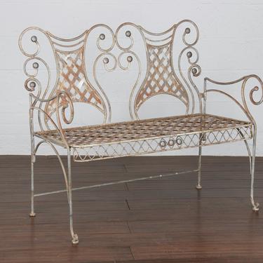 Antique Country French Provincial Painted Wrought Iron Garden Bench 