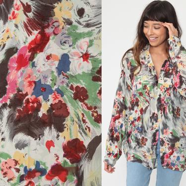 Brushstroke Floral Shirt 90s Button Up Shirt Watercolor Floral Blouse Rayon Long Sleeve Top Boho 1990s Vintage Bohemian Extra Large xl 