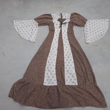 Prairie Dress Vintage 1970s Boho XSmall Maxi Long Earth Tones Floral Lace Crochet 