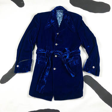 60s Blue Velvet Mens Smoking Jacket / Blazer / Paisley Lined / Dagger Collar / Oversize Collar / Mod / Large / Beatles / Carnaby / L / 70s 