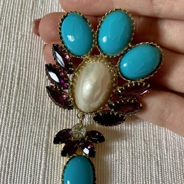 Unique Turquoise Purple Crystal & Faux Baroque Pearl Statement Brooch
