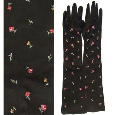 Vintage 50s Opera Gloves Black Embroidered Kid Suede Full Length Helene Dale S 