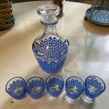 Vintage MCM Blue Diamond Pattern Decanter with 5 Matching Shot Glasses Made in France