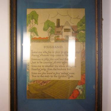 Vintage 1920s-1930s Colorful Framed &amp;quot;Husband&amp;quot; Marriage Poem Memo Card with Cottage Home Scenery Sweet Gift Idea Housewarming Wedding Gift 