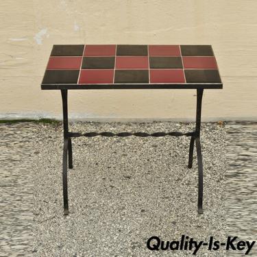 Antique Red and Black Tile Top Wrought Iron Plant Stand Side Table
