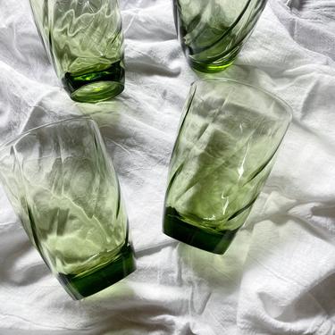 Tall Green Swirl Glassware Set of 4 | Vintage Green High Ball Glasses | Green Rocks Glasses | Vintage Barware | Vintage Glassware 
