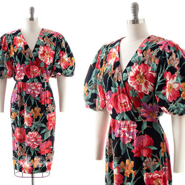 Vintage 1980s Dress | 80s Floral Puff Sleeve Rayon Sheath Wiggle Cocktail Party Day Dress (small) 