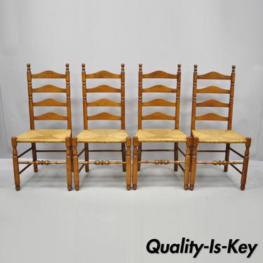 Set of 4 Vintage Maple Wood Woven Rush Seat Ladder Back Colonial Dining Chairs