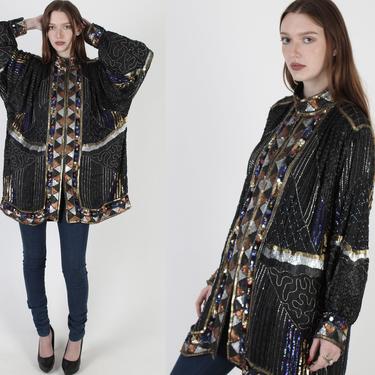 Vintage 80s Abstract Sequin Jacket / 1980s Gold Beaded Deco Coat / Womens Oversized Black Silk Evening Party Blazer 