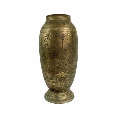 Tall Antique Incised Brass Chinese Vase 