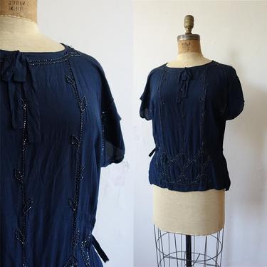 Vintage 20s Silk Beaded Blouse/ 1920s Navy Blue Flapper Top with Waist Ties/ Size Large 