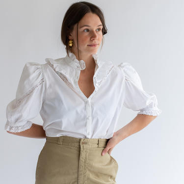 Vintage White V Ruffle Shirt | Romantic Folk Blouse | Cotton Puff Sleeve Top |  S M 